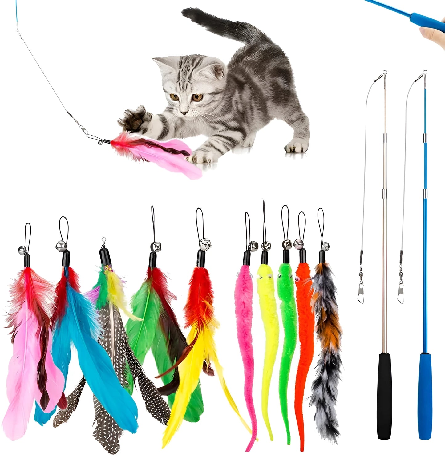 Two grey cat teaser wands with colourful feather attachments on a wooden floor
