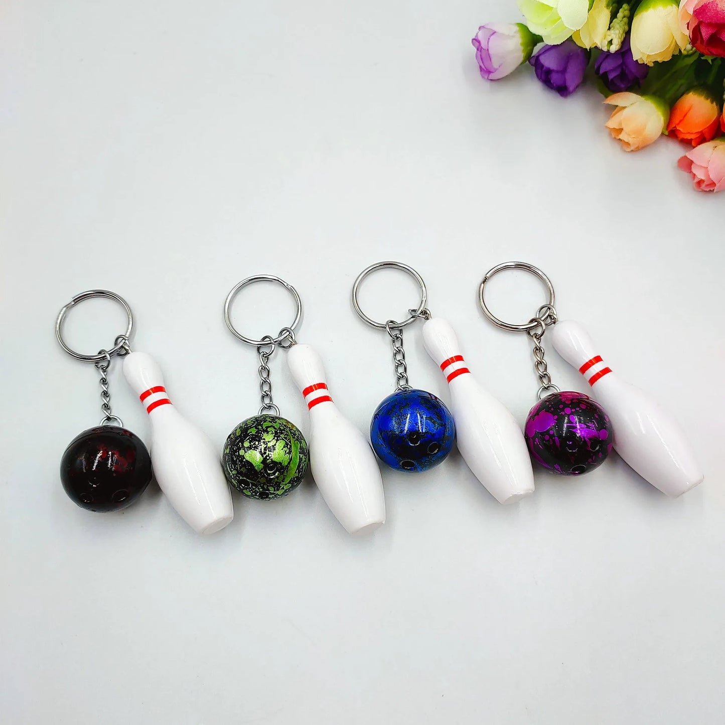 Mini simulation sports bowling pin keychain pendant in blue PVC metal