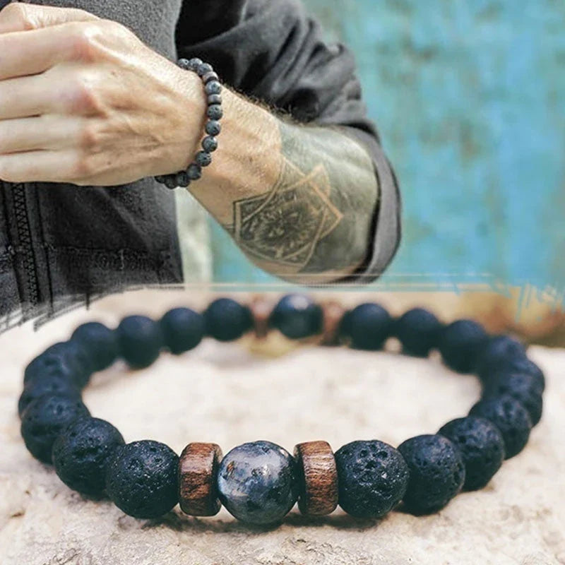 Stylish men's bracelet made with natural volcanic stone, flash stone, and wood chip in a geometric, mosaic-like design