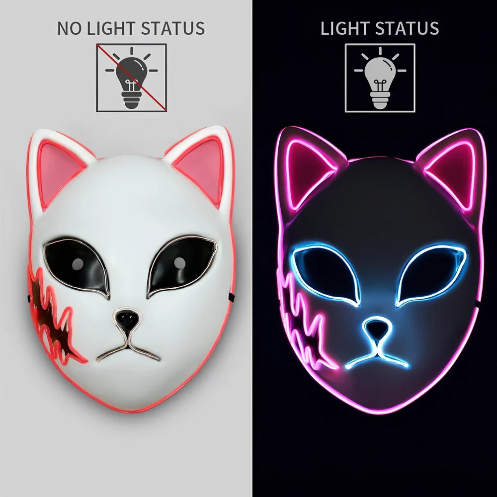 Pink LED cat face mask with transparent blue accents and lighting effects