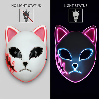Pink LED cat face mask with transparent blue accents and lighting effects