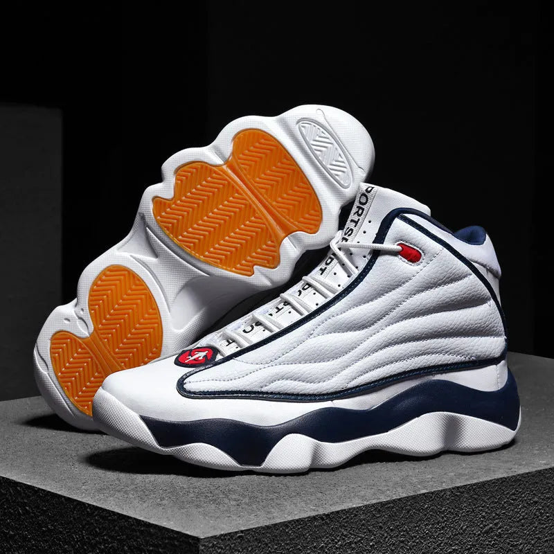 Men's high-top basketball shoes in AJ13 style colours with mesh upper and thick rubber sole.