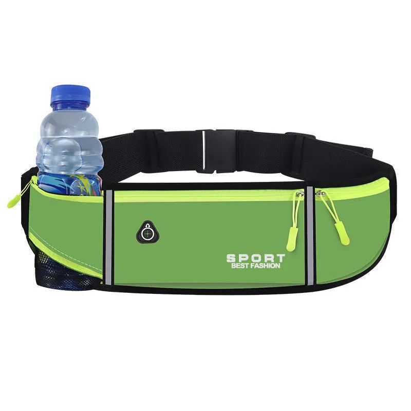A waterproof Oxford cloth running waist bag in a choice of colours, showing multiple pocket options and anti-theft design.