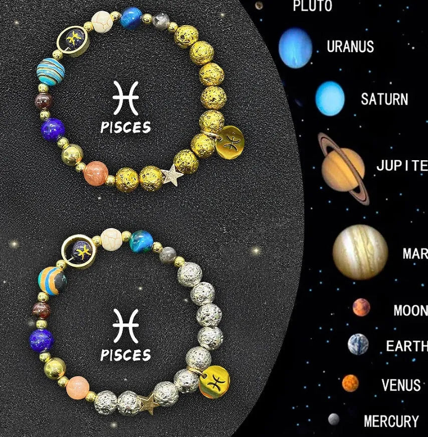 Two adjustable beaded bracelets with zodiac signs on natural stone beads, length 18-22cm