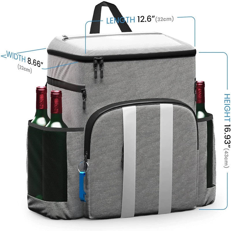 Large capacity refrigerated backpack in gray and black, perfect for picnics and outdoor adventures