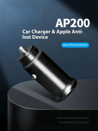 Black car charger locator GPS device with plug for 12V socket, made of ABS plastic
