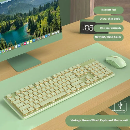 Prewalker V3 retro green mechanical feel keyboard and mouse set on a desk.