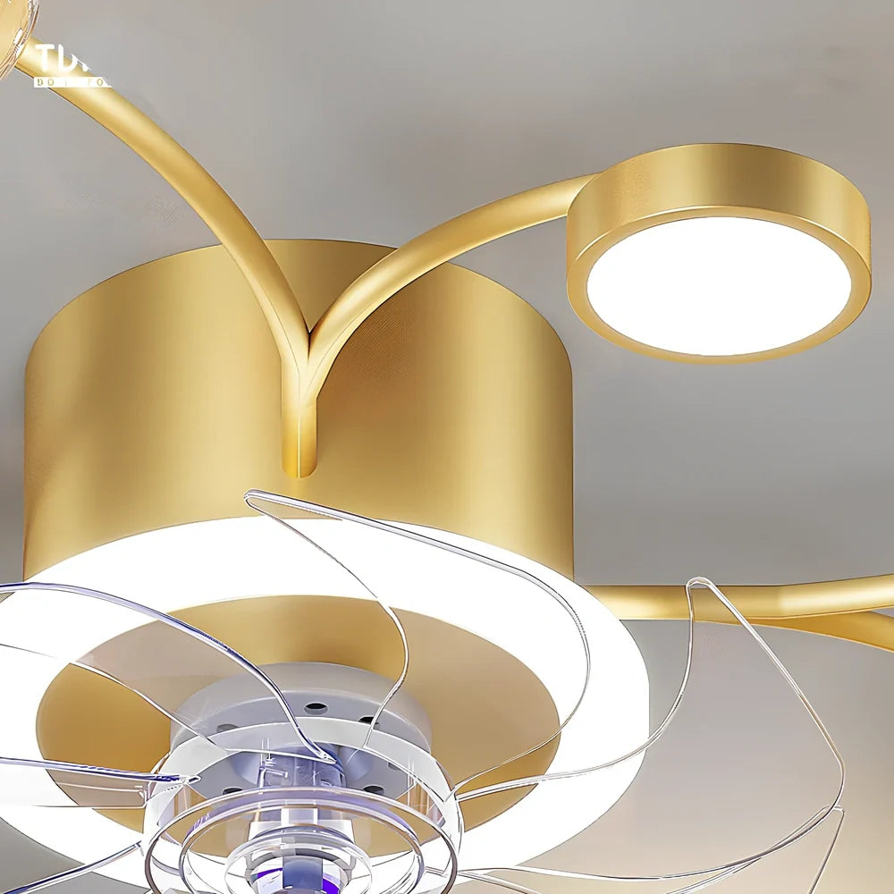 Modern smart ceiling fan lamp with round LED light and remote control in black or gold finish