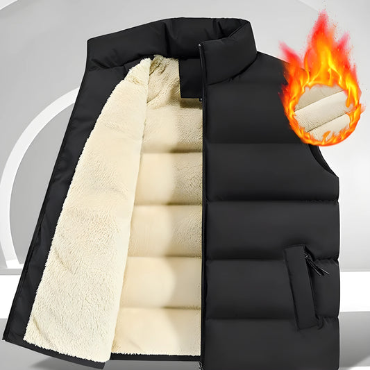 Man wearing a black and white stripe lambswool vest jumper for winter.