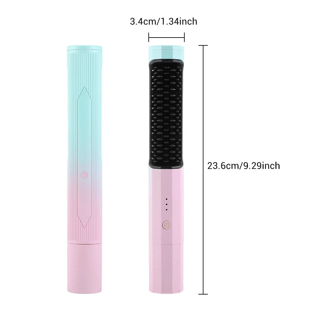 Cordless hair straightening brush with adjustable temperature settings, anti-scalding design, and high-capacity rechargeable battery for convenient, salon-quality styling.