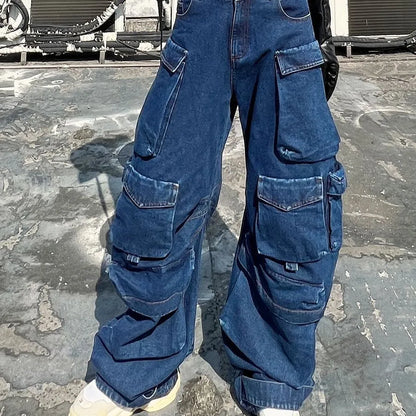 Dark blue distressed wide-leg jeans with high waist and multiple pockets on cotton denim fabric