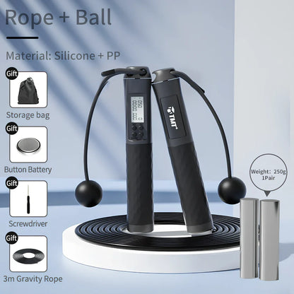 Digital skipping rope with adjustable 300cm length and LCD display showing calorie counter and timer metrics