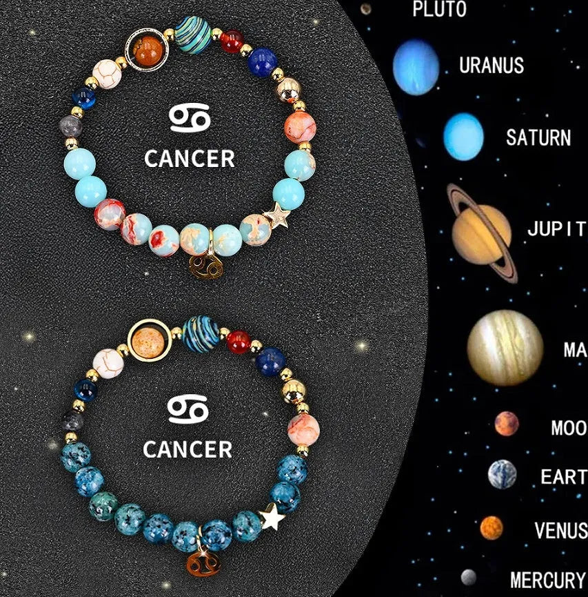 Set of two natural stone beaded bracelets showing zodiac sign designs on an elastic cord.