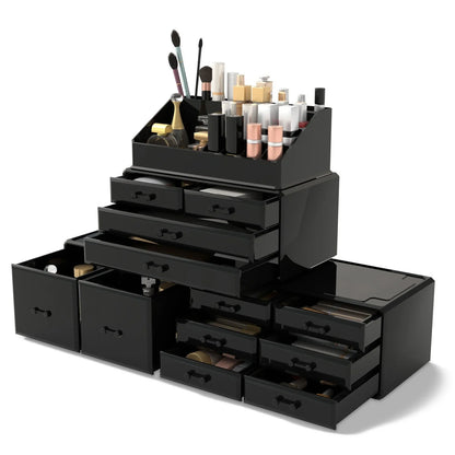 Three-layer transparent acrylic storage box for cosmetics with stackable design measuring 25cm wide