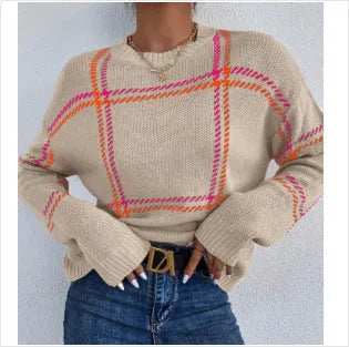 Women's loose-fit plaid colour-block acrylic sweater with apricot, black, beige stripes.