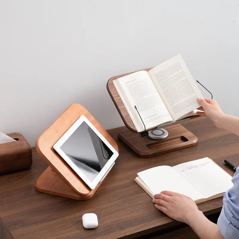 Black walnut solid wood reading rack with adjustable angle on rotating base