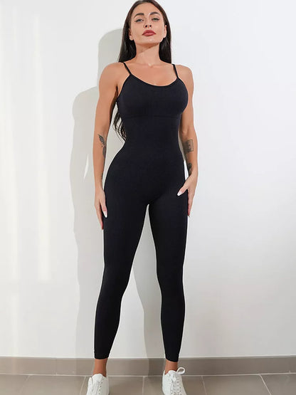 Women's nylon-spandex unitard jumpsuit with adjustable straps and tummy control