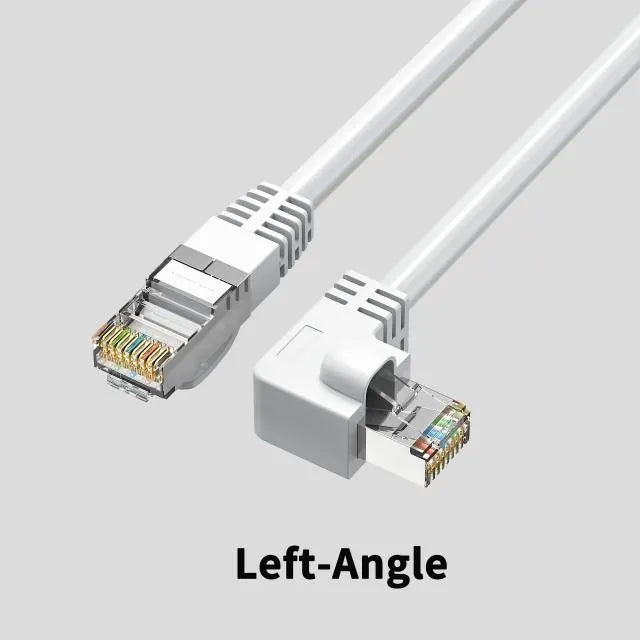 Black Cat6 Ethernet cable with a right-angled metal RJ45 connector, showing the 90-degree bend and cable length.