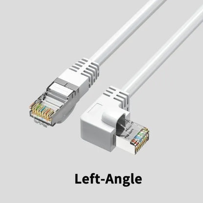 Black Cat6 Ethernet cable with a right-angled metal RJ45 connector plugging into a network switch port.