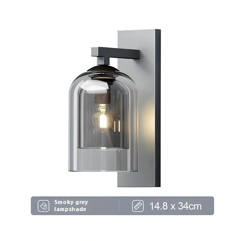 Nordic wall lamp with glass shade in amber colour, E27 holder, and compact 15 mm dimensions for wall mounting.