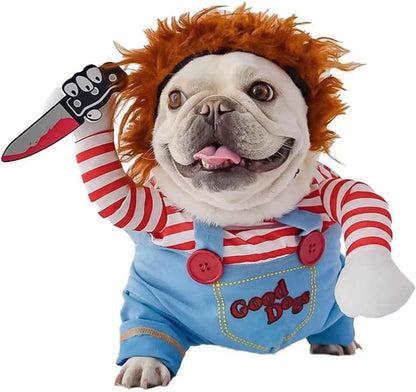 Striped Halloween costume set for pet dog or cat showing jacket, trousers, and prop knife accessory