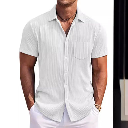 Men's solid colour loose fit short-sleeved shirt with vertical striped detail in a selection of colours.