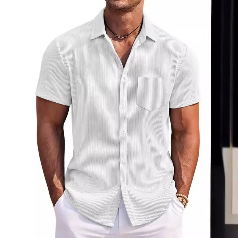 Men's short-sleeved shirt in solid colour with vertical striped detail, crafted from polyester fibre for a casual loose fit, available in white, grey, black, light blue, navy blue, wine red, army green, and apricot with sizes from S to 4XL.