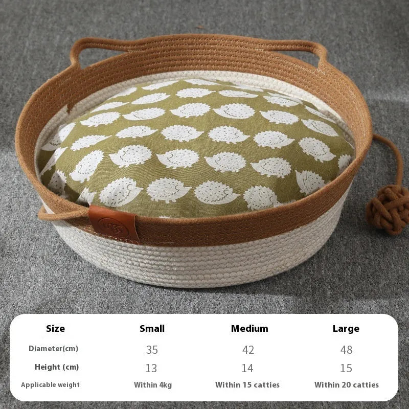Cotton woven cat nest mat with stitching texture in grey, brown or green colours
