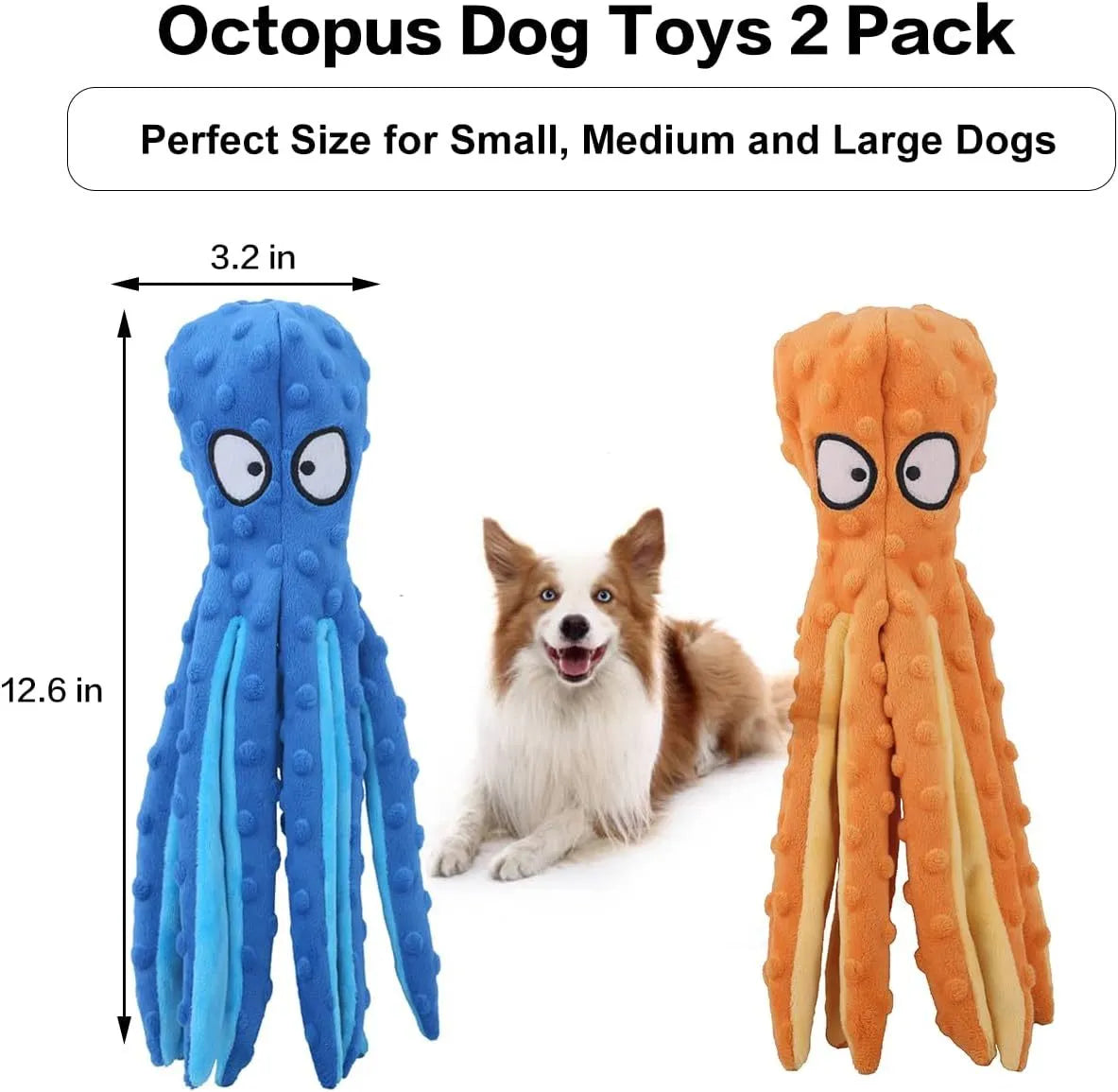 Blue octopus plush dog toy with tentacles, unfilled design with crinkle paper and squeaker sounds