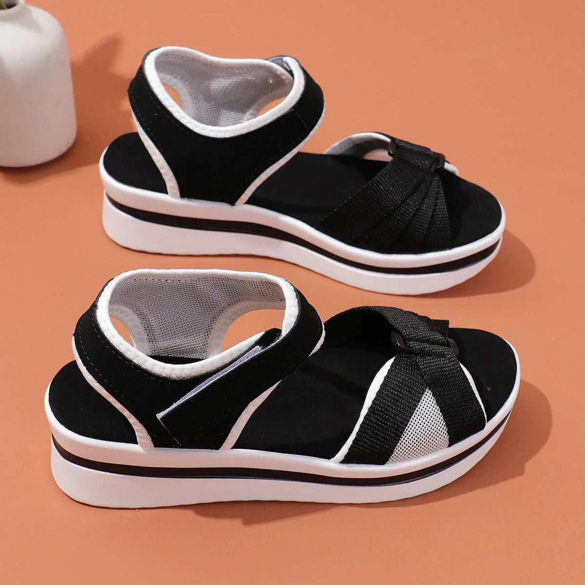 Women's summer mesh cross-strap sandals with Velcro and thick sole in various colors