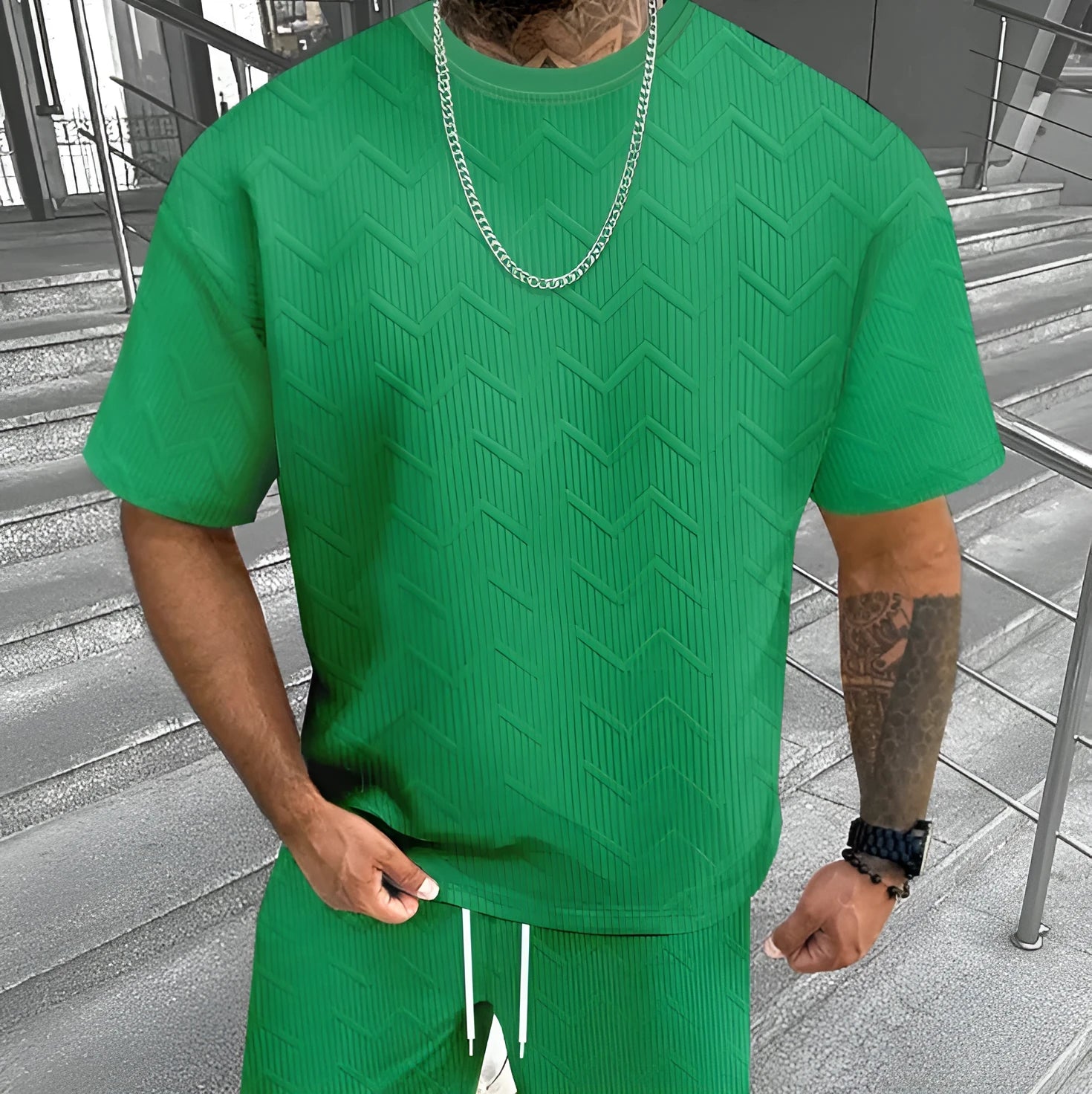 Men's short sleeve shorts suit with 3D digital printed pattern in polyester blend fabric