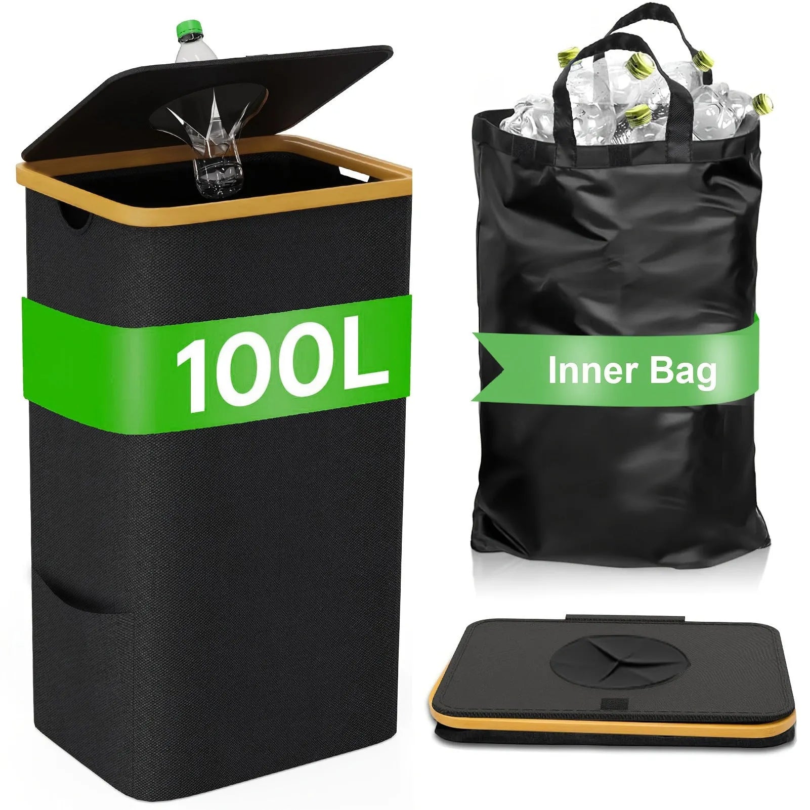 Black bamboo-framed recycling storage basket with a removable lid and two visible inner fabric pockets.