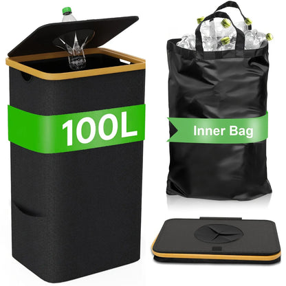 Black bamboo-framed recycling storage basket with a removable lid and two visible inner fabric pockets.