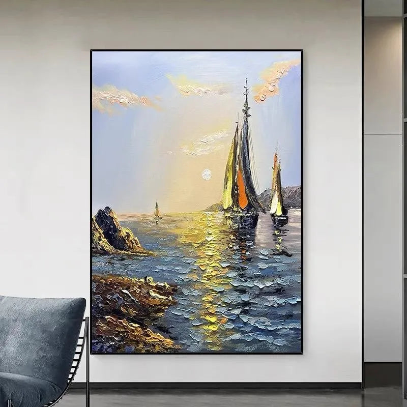 Hand Painted Sea Boat Oil Painting on Canvas Landscape Wall Art for Living Room Bedroom Dining Room Home Office Unframed Vertical Modern Decor
