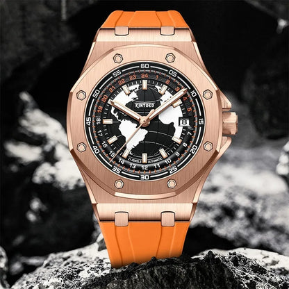 Automatic men's hollow mechanical watch with stainless steel strap, round alloy case, 30m waterproof, Black Blue Orange