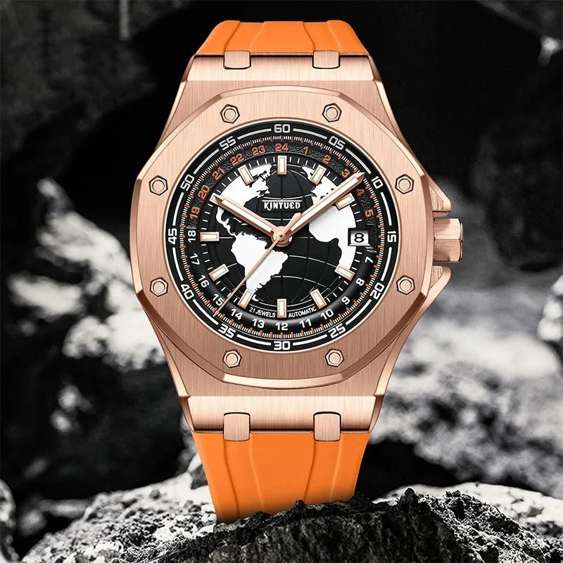 Automatic Men's Hollow Mechanical Watch with Stainless Steel Strap, Alloy Case, Mineral Reinforced Glass Mirror, 30m Waterproof, Pin Buckle, Silicone Case Back, Round Dial, Black Blue or Orange