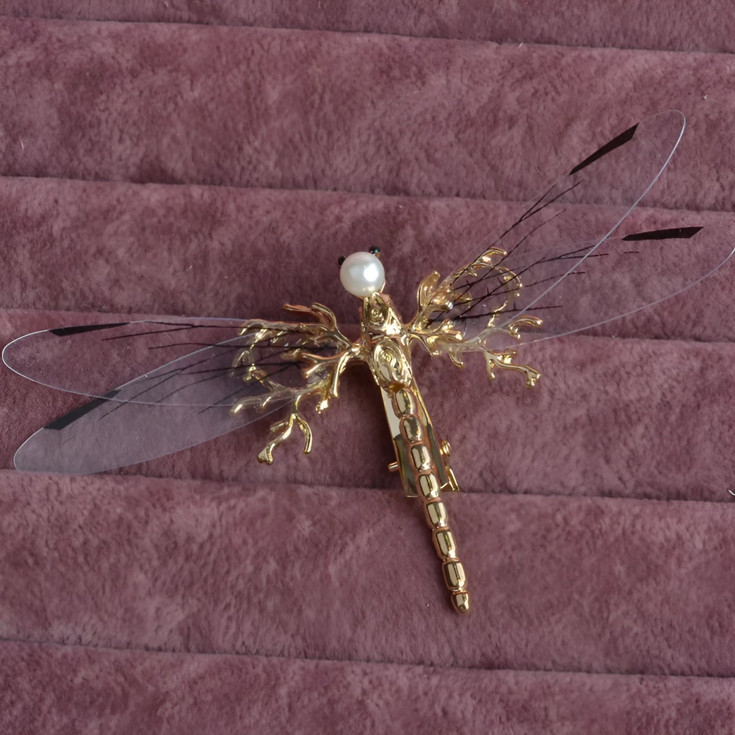 Golden dragonfly side clip headdress with detailed insect design and electroplated alloy construction