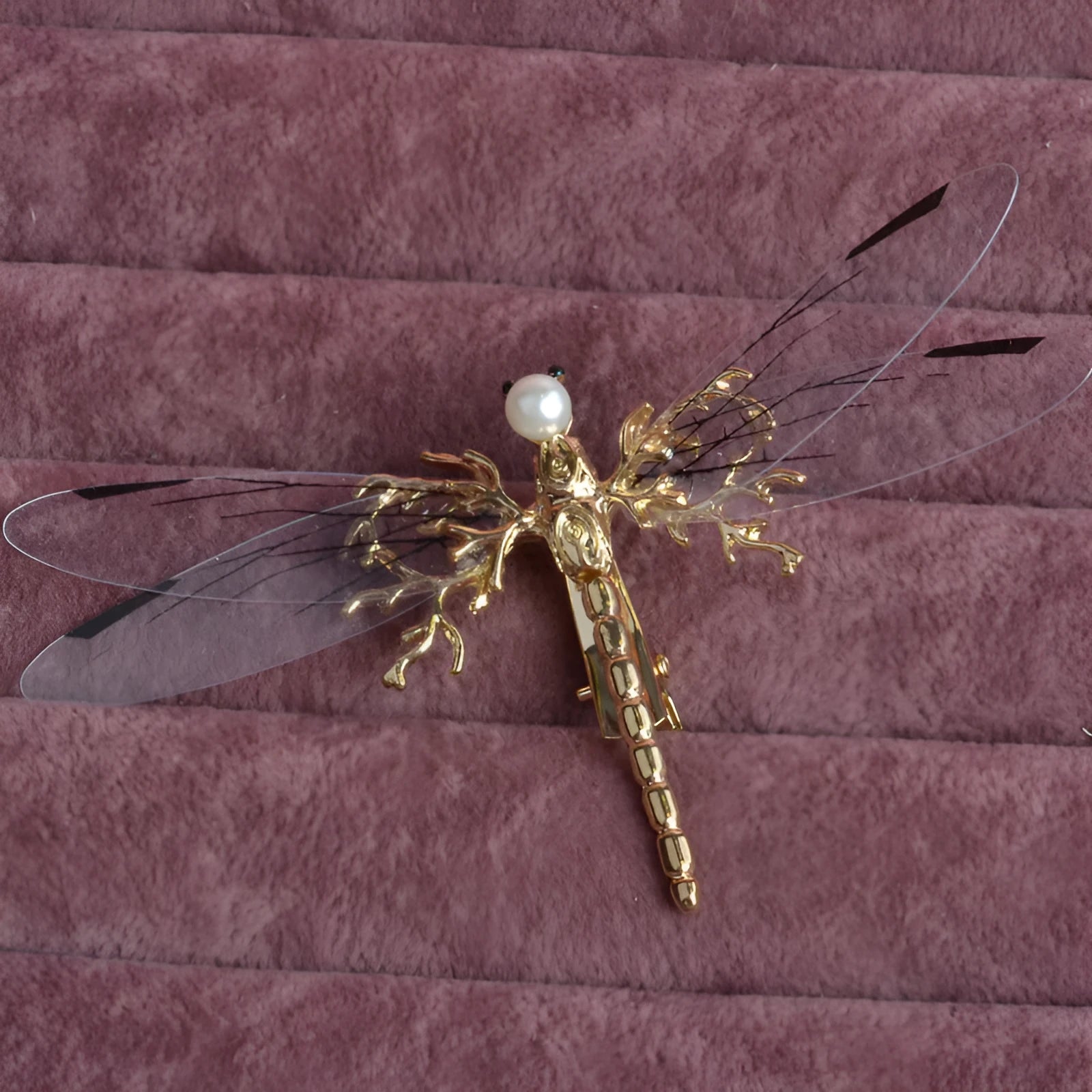 Golden dragonfly side clip headdress with detailed insect design and electroplated alloy construction