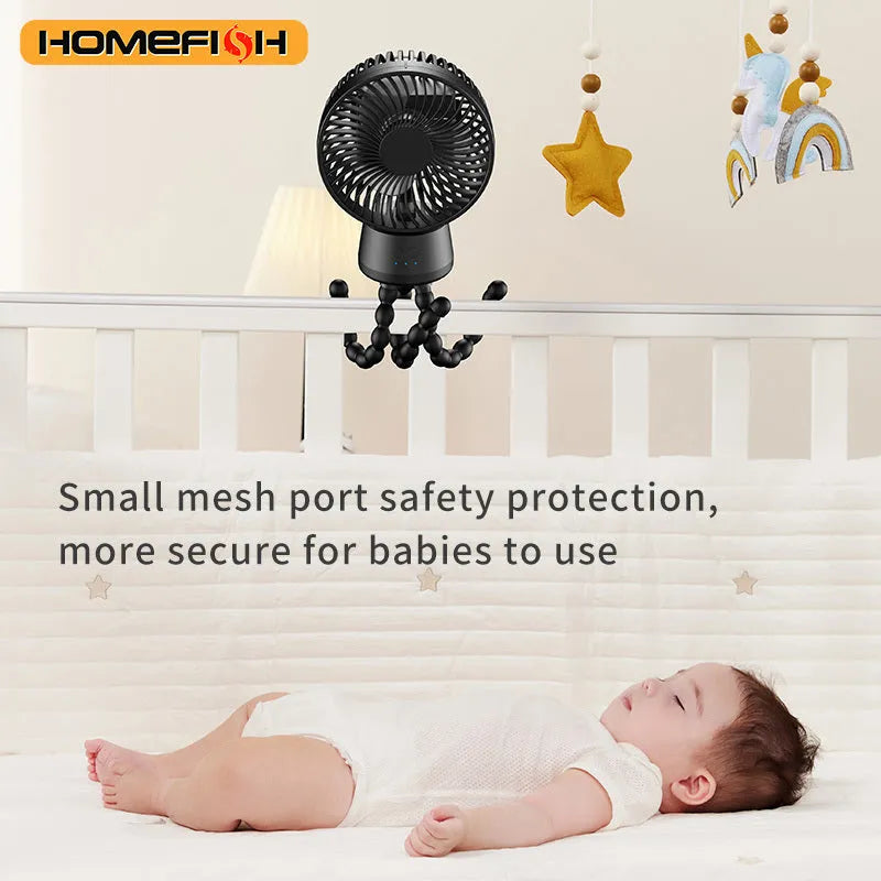 HOMEFISH F2 automatic shake head baby stroller fan with LED light and removable bracket on a pushchair