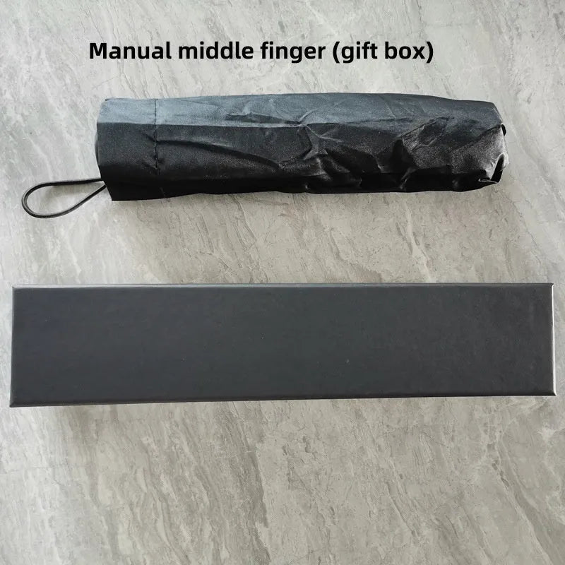 Folding umbrella showing tri-fold design with gesture motif and plastic handle