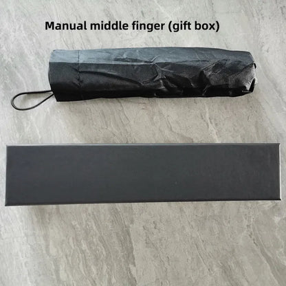 Folding umbrella showing tri-fold design with gesture motif and plastic handle