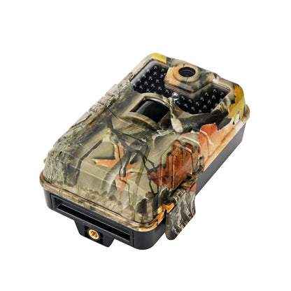 Camouflage infrared hunting trail camera with lens and infrared LEDs, shown with mobile phone displaying APP control interface.