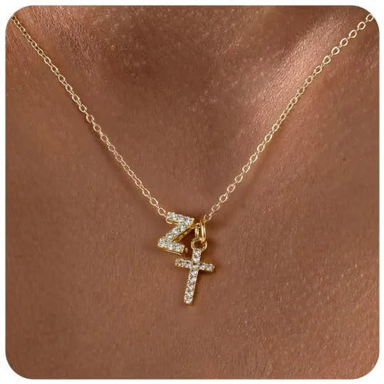 A-Z zircon inlaid letter necklace on a copper regular chain with electroplated finish