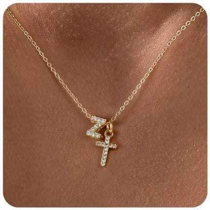 A-Z zircon inlaid letter necklace on a copper regular chain with electroplated finish
