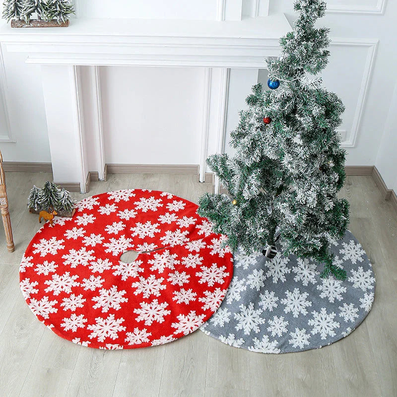 Elegant Christmas tree skirt with plush snowflake design, creating a cozy and festive holiday atmosphere.