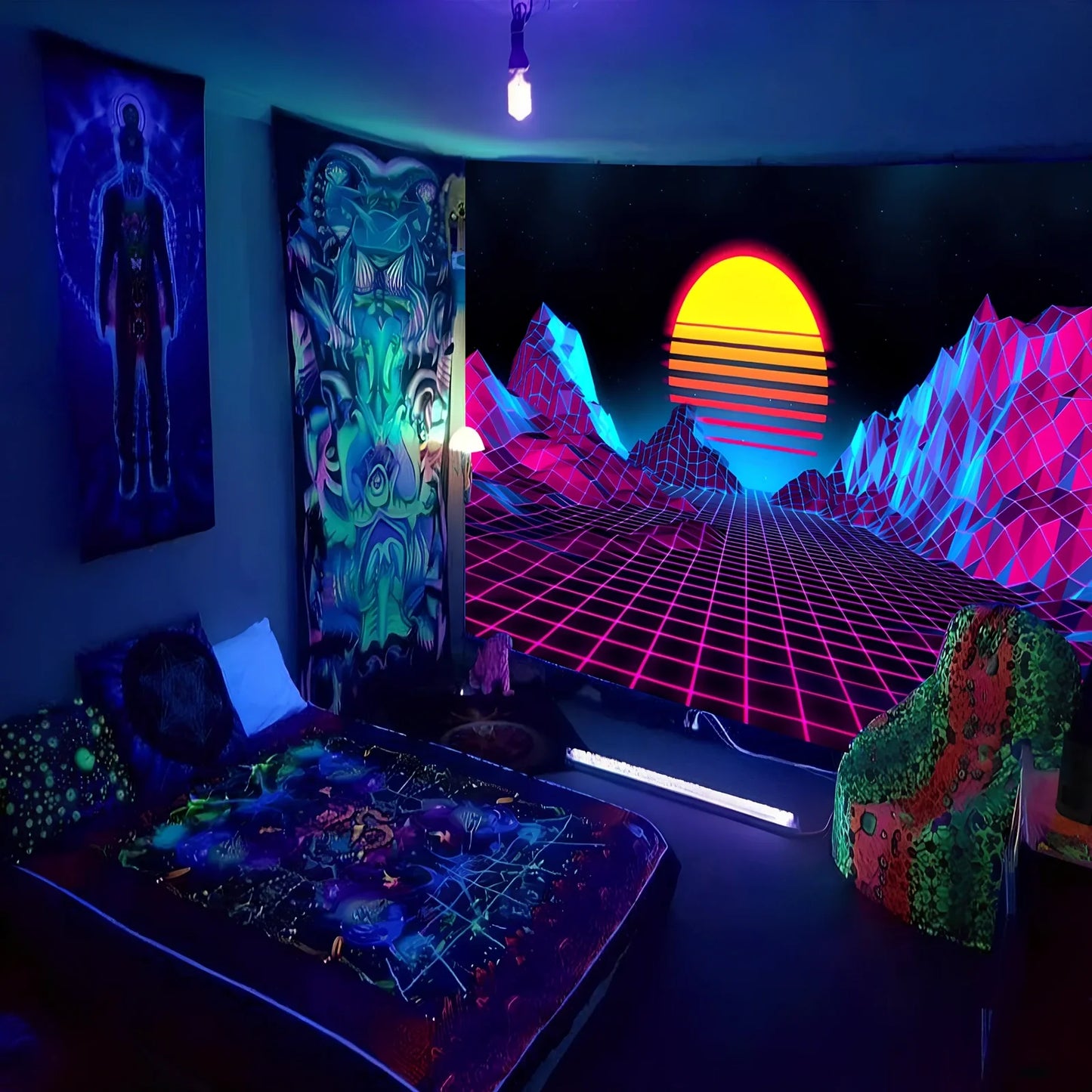 Fluorescent tapestry wall hanging with glow properties in multiple sizes from 150x100cm to 230x180cm