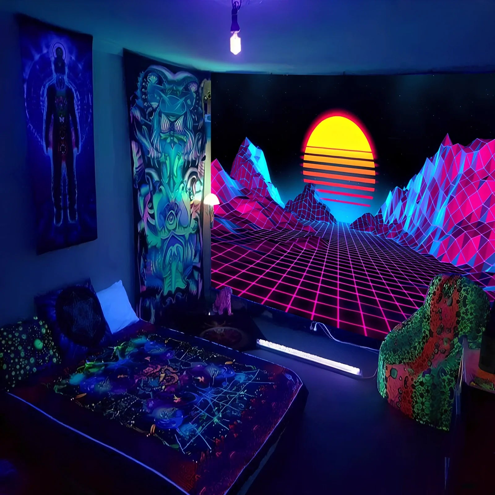 Fluorescent tapestry wall hanging with glow properties in multiple sizes from 150x100cm to 230x180cm