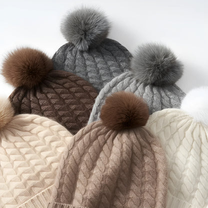 Women's cashmere knitted hat with fur ball in white velvet colour, average size, autumn winter accessory