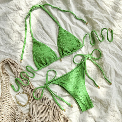 Women's halter lace-up bikini set with adjustable back ties in milky white colour