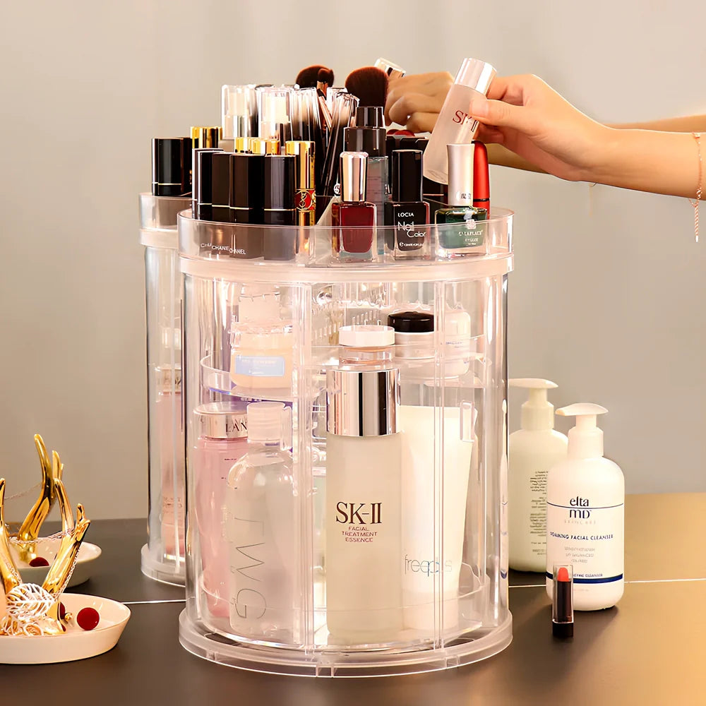 Transparent rotating cosmetics storage rack with skincare bottles organised on 360-degree rotating mechanism